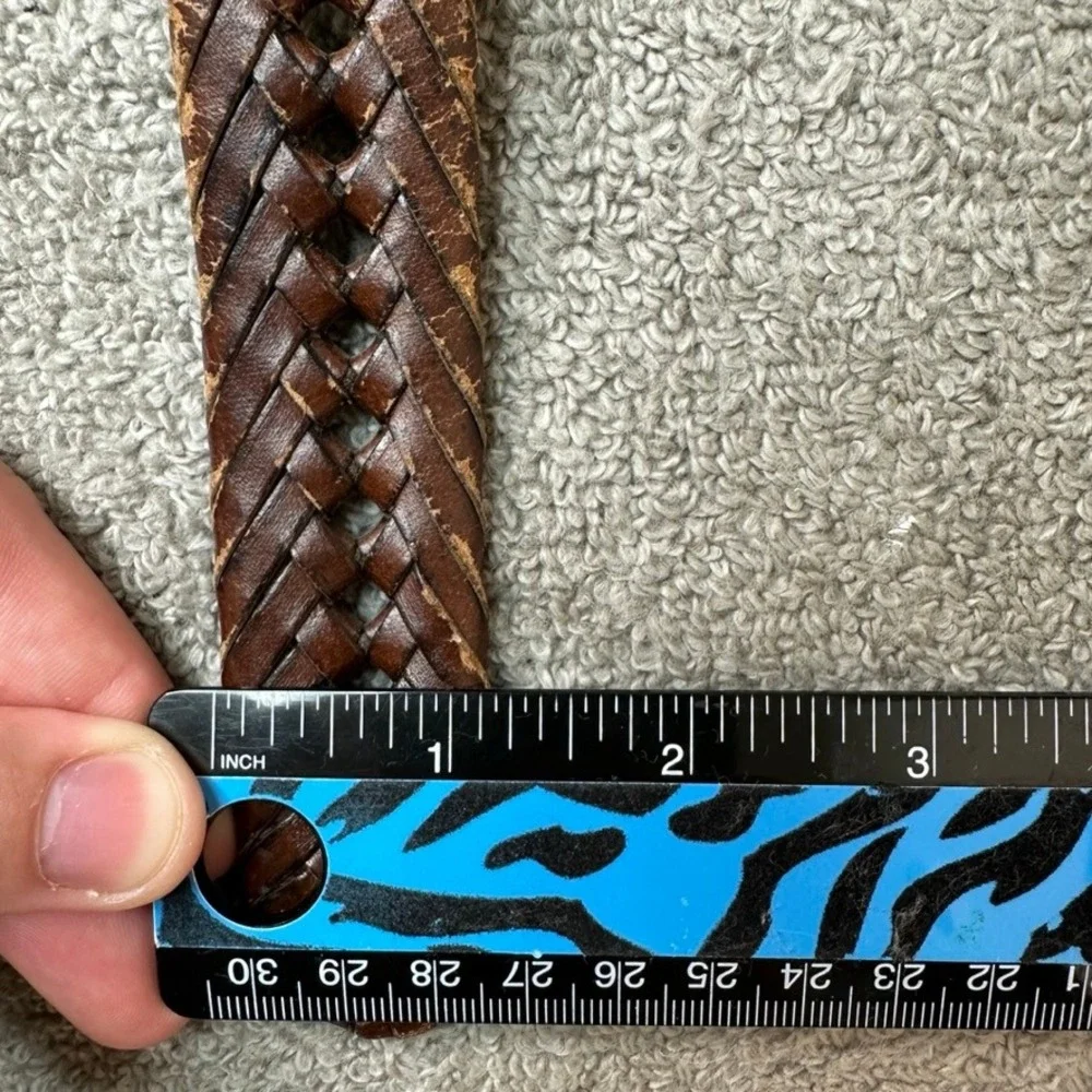 Brown Braided Leather Belt Mens 44 Silver Buckle Woven RN130273 51 Inch